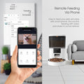 Video camera pet feeder with adjustable automatic food dispensing for dogs and cats