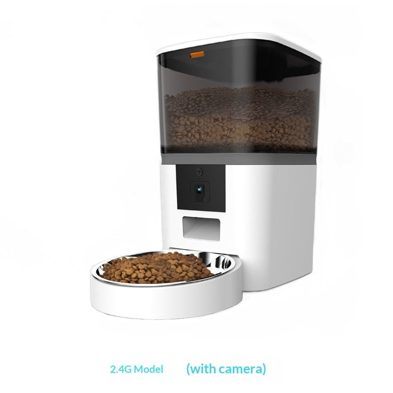 Video camera pet feeder with adjustable automatic food dispensing for dogs and cats