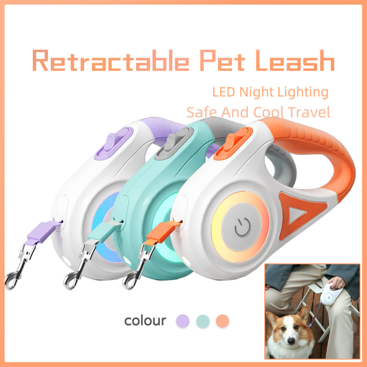 Retractable dog leash with automatic telescopic handle and collar for pet walking
