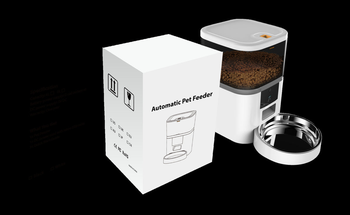 Video camera pet feeder with adjustable automatic food dispensing for dogs and cats
