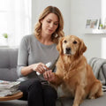Woman using an electric pet nail grinder on a golden retriever at home, demonstrating pet grooming.