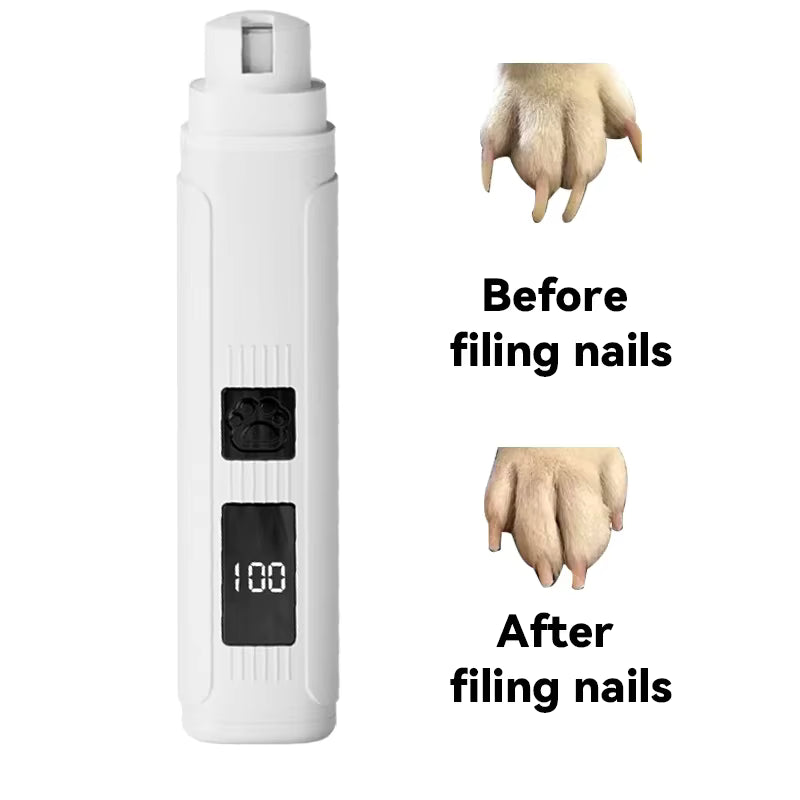 Electric pet nail grinder showing before and after results of filing nails for dogs and cats.