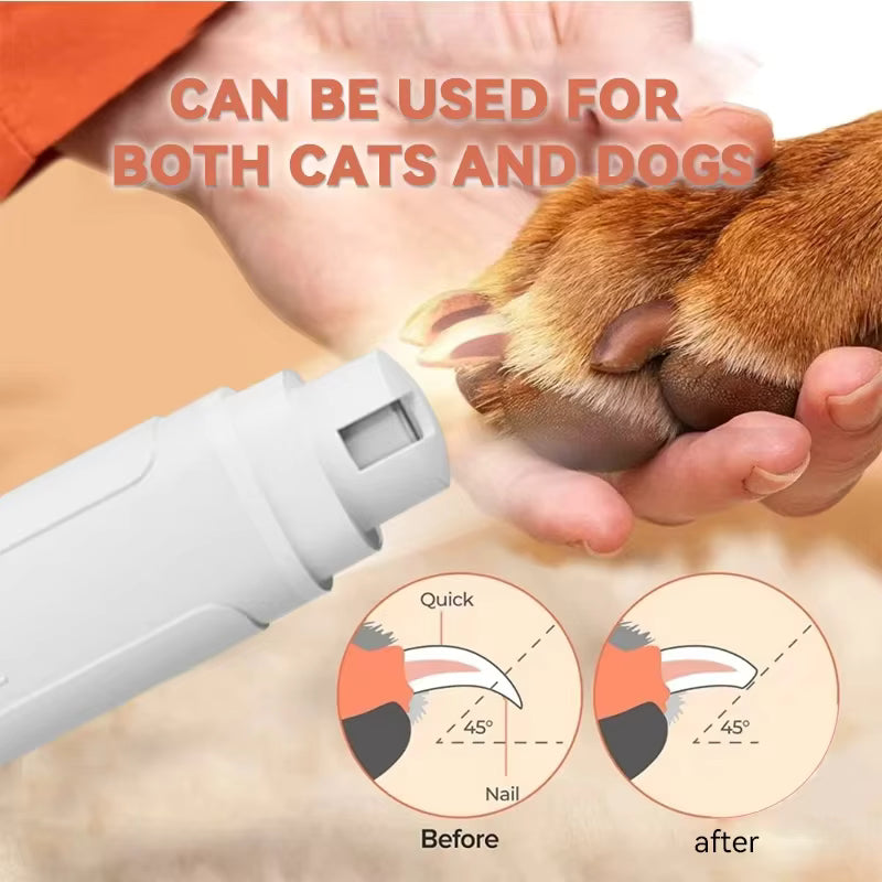 Electric pet nail grinder designed for both cats and dogs, showcasing before and after nail trimming results.