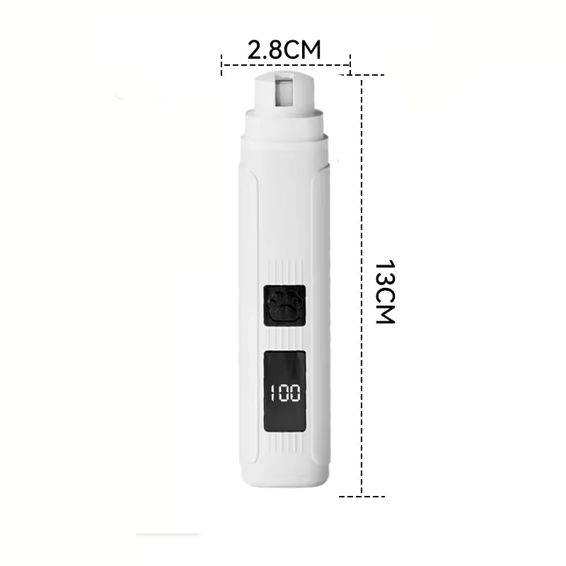 Electric pet nail grinder with a digital display for precise trimming of dog and cat nails, measuring 2.8CM by 13CM.