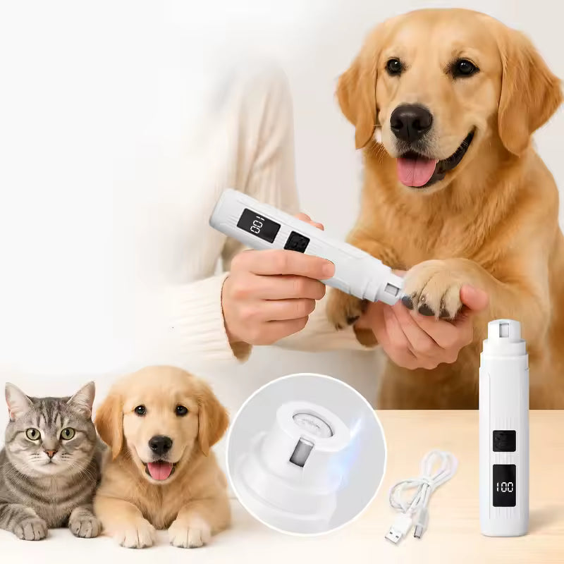 Electric pet nail grinder being used on a dog's nail with a cat and puppy nearby, showcasing ease of use for pet grooming.
