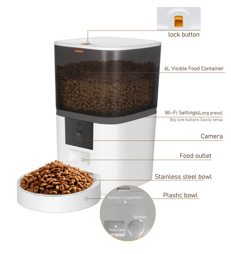 Video camera pet feeder with adjustable automatic food dispensing for dogs and cats