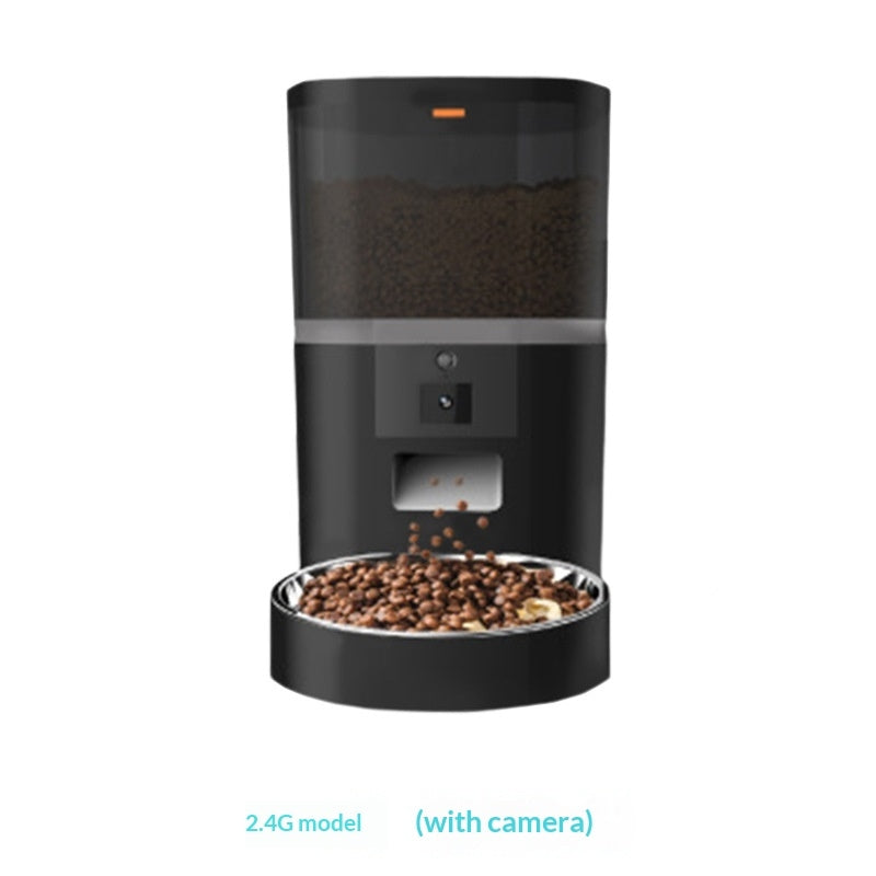 Video camera pet feeder with adjustable automatic food dispensing for dogs and cats